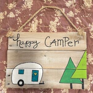 Rustic Happy Camper Wall Sign with Green and Blue Accents